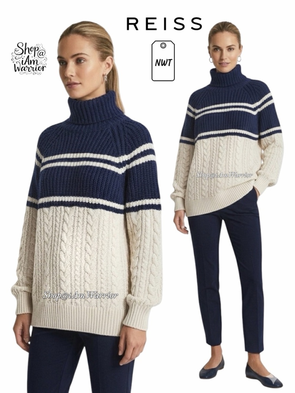 Reiss NWT colorblock stripe chunky cable knit fisherman sweater *shop@iamwarrior - Picture 1 of 14